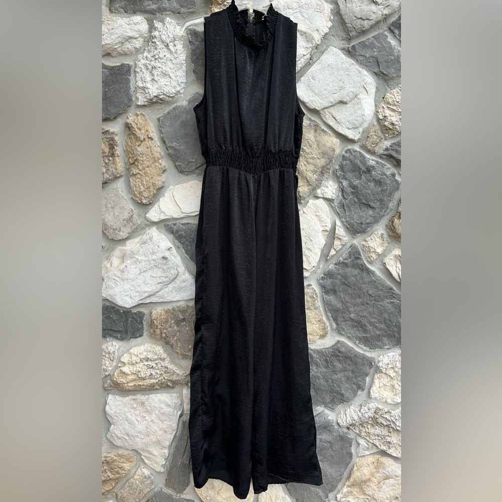 Francescas Mi Ami Shiny Black Jumpsuit Size L High Neck Wide Leg Cinched Waist